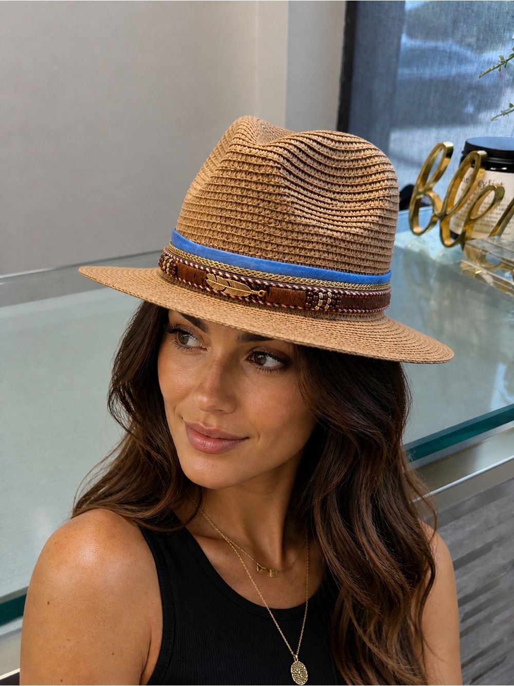 Braided Straw Fedora Hat with Blue Ribbon and Feather Accent